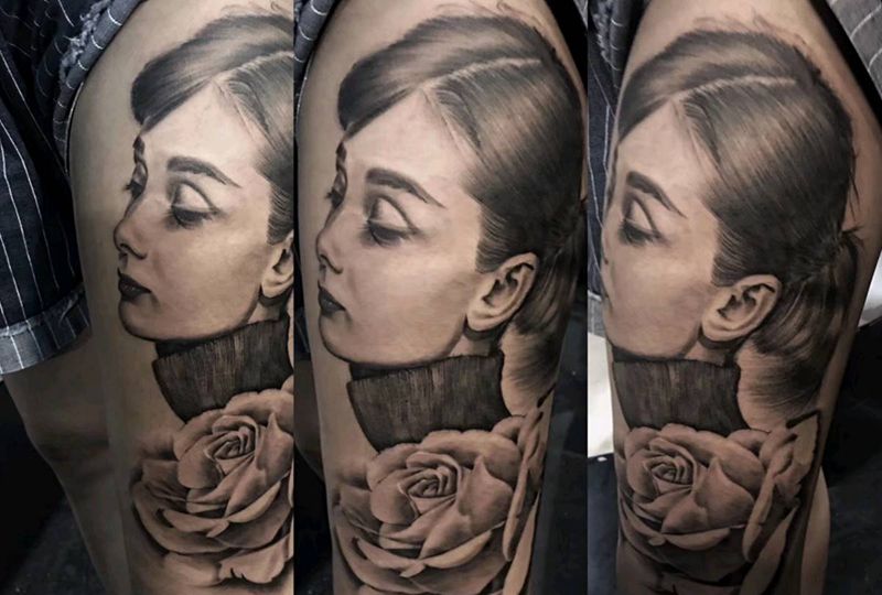 奥黛丽赫本肖像纹身图片_腿部欧美写实肖像玫瑰纹身图案