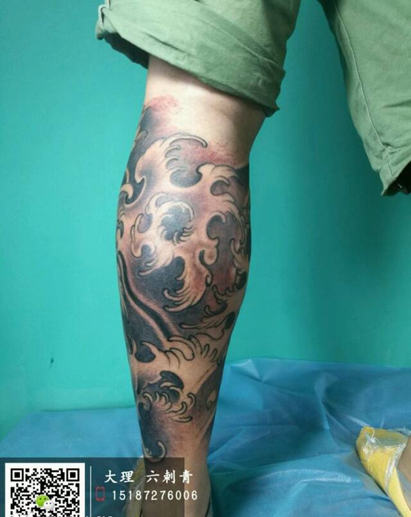 浪小腿纹身图片_腿部传统六刺青大理成品纹身图案