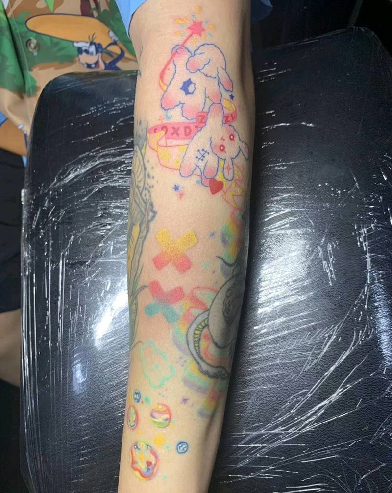 卡通小图拼接纹身图片_手臂New School兔子卡通纹身图案