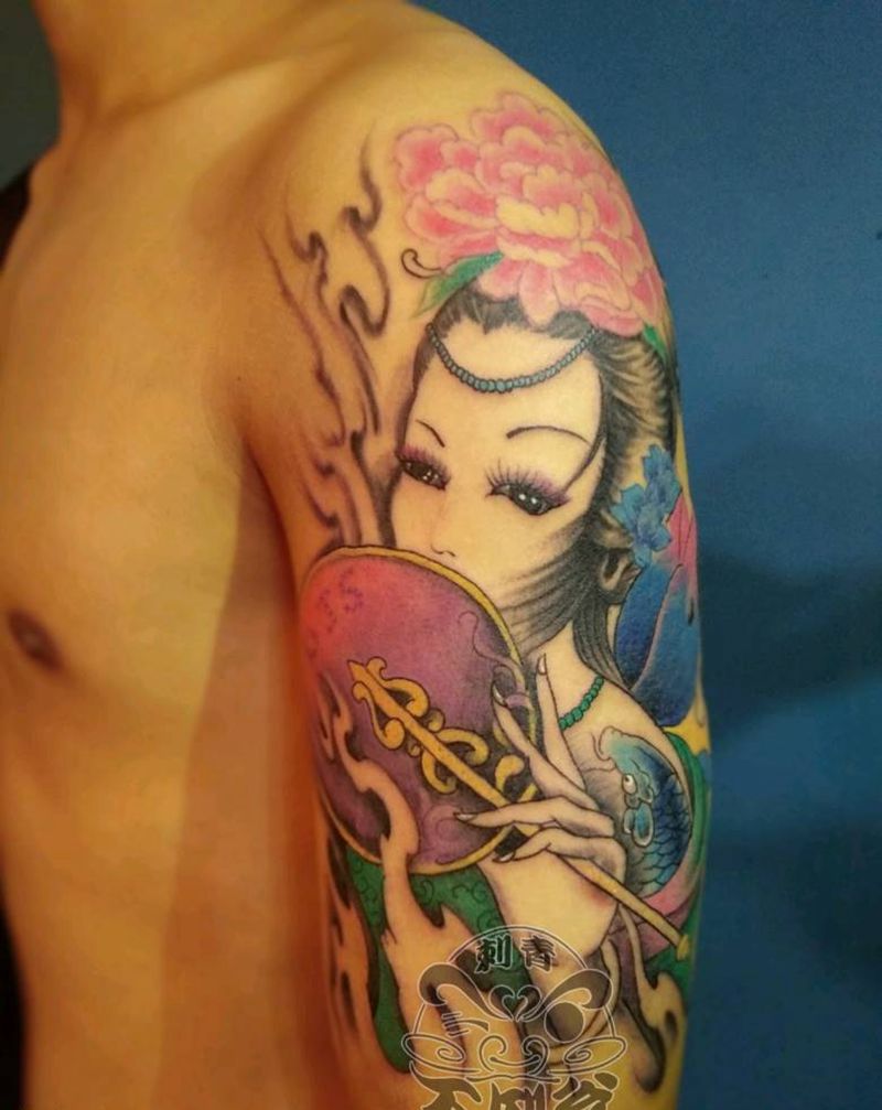 网红艺妓纹身图片_手臂新传统纹身图案