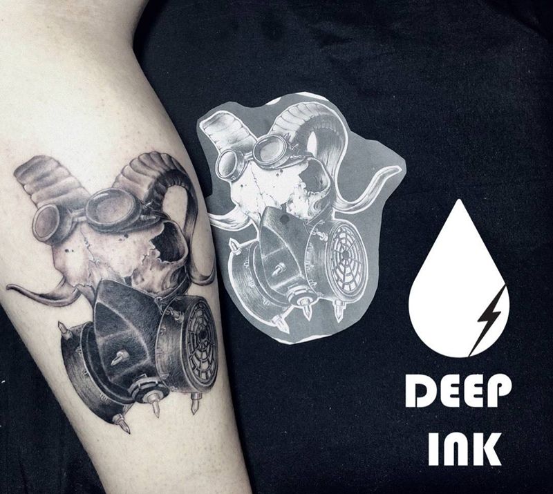 原创朋克羊头纹身图片_成品腿部脚部写实欧美原创动物纹身图案