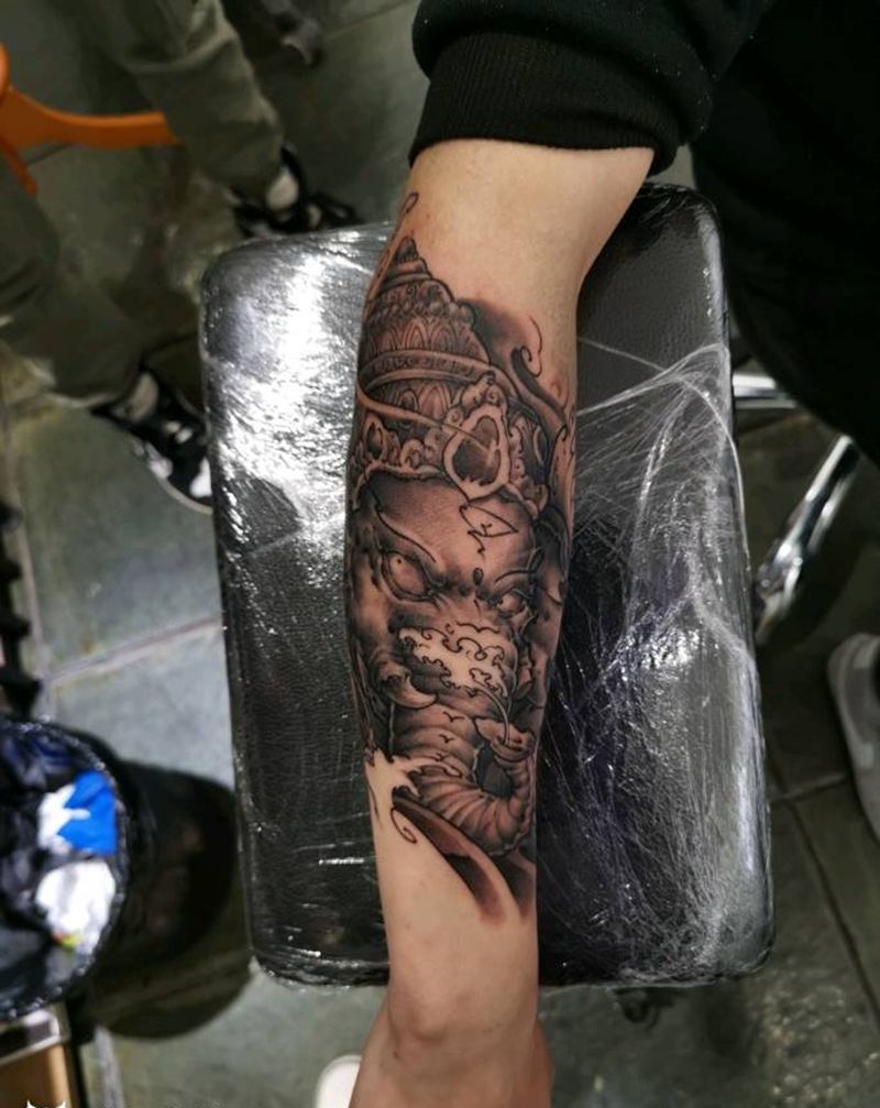 象神纹身图片_手臂新传统纹身图案