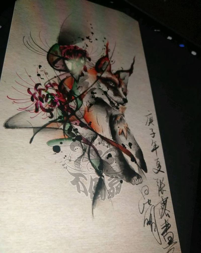 原创火狐与彼岸花纹身图片_水墨纹身图案