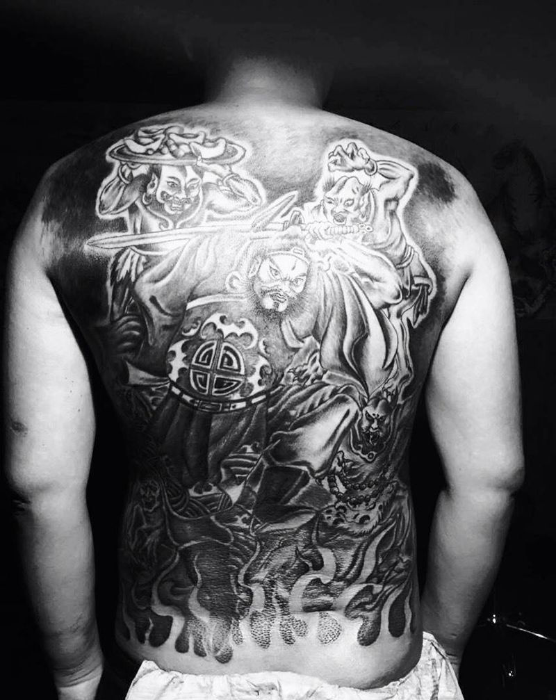 五鬼进财纹身图片_成品背部传统人物纹身图案