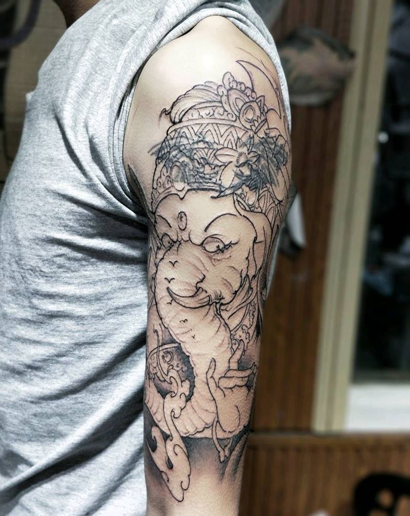 象神勾线纹身图片_手臂鬼神纹身图案