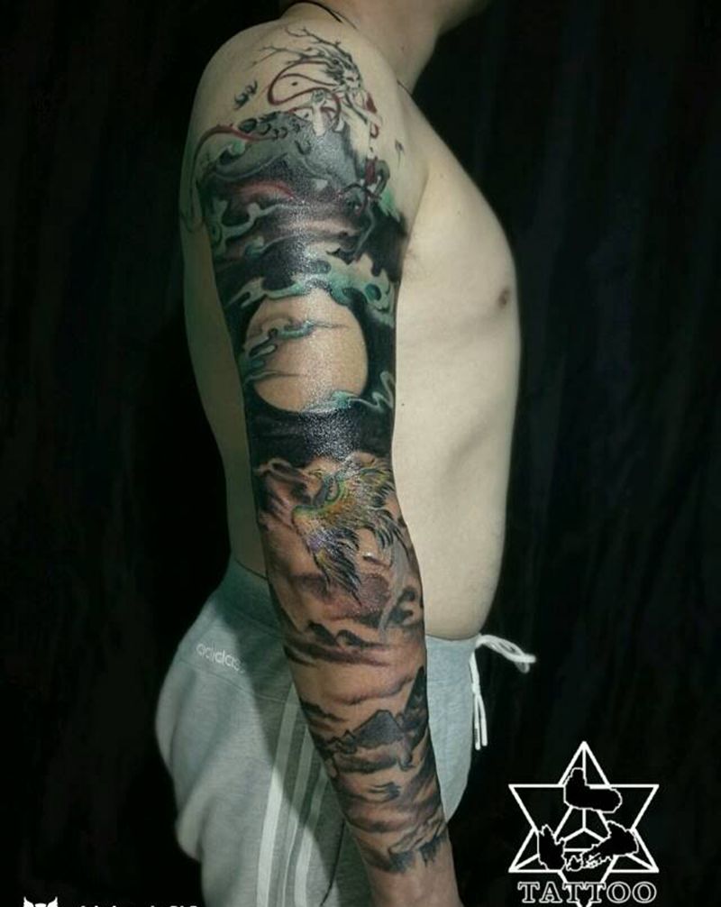 执纹身图片_手臂水墨国画大理成品纹身图案