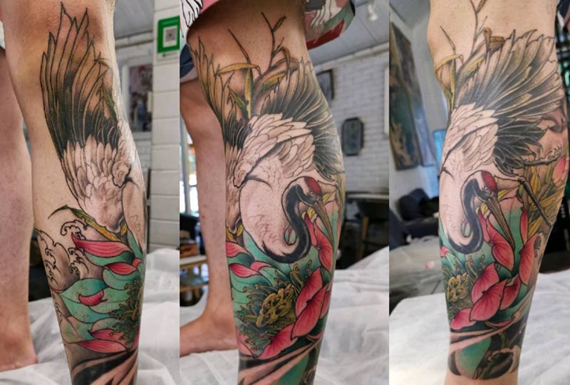 小腿仙鹤纹身纹身图片_新传统鹤纹身图案