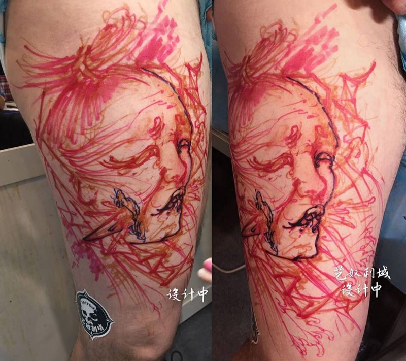 原创传统男性人物纹身图片_成品腿部传统人物原创艺奴刺域纹身图案