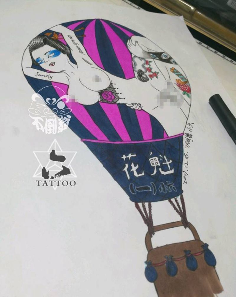 花魁（一）六子原创纹身图片_欧美传统人物大理六刺青不倒翁北京手稿纹身图案