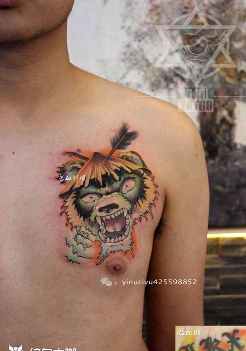 熊遮盖字母纹身图片_成品胸部欧美动物艺奴刺域纹身图案