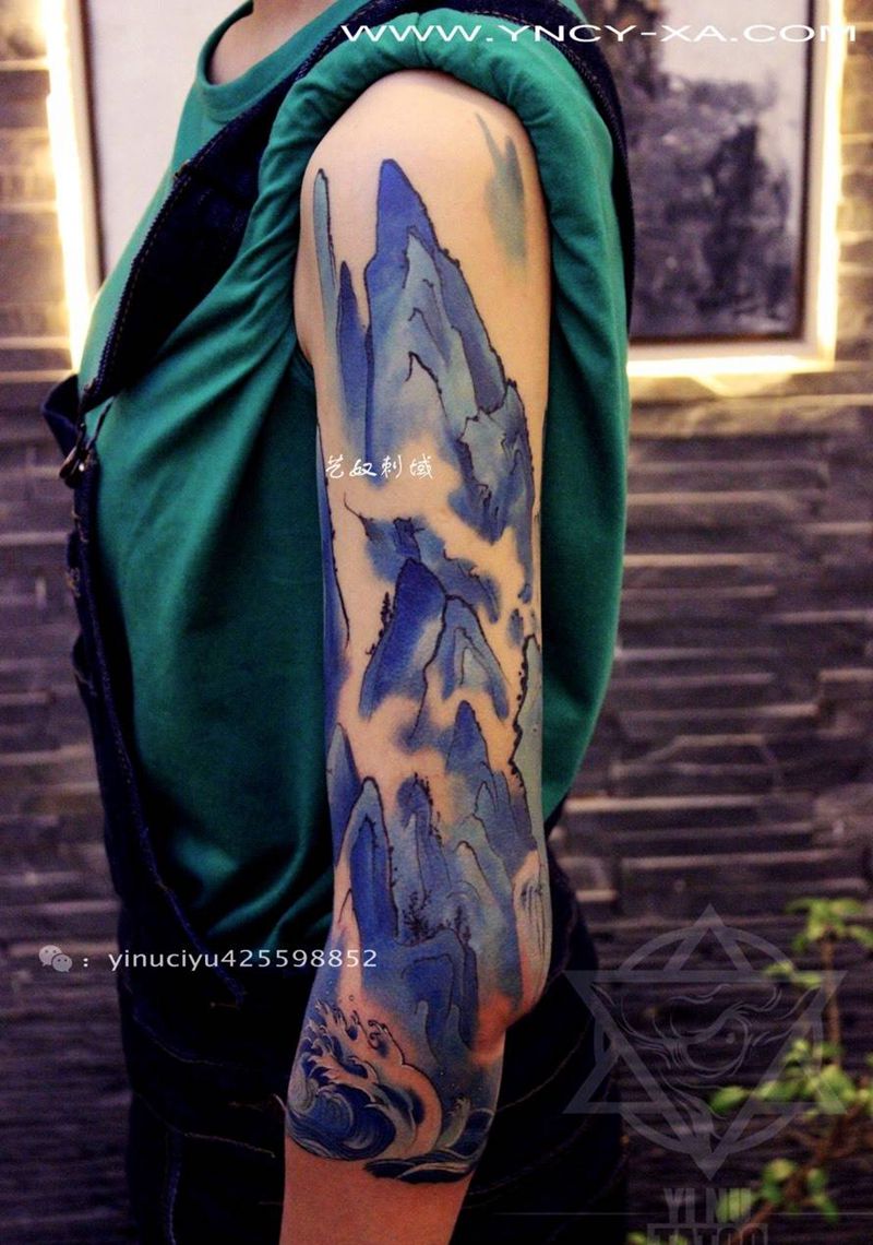 原创山水臂纹身图片_成品手臂传统原创艺奴刺域纹身图案