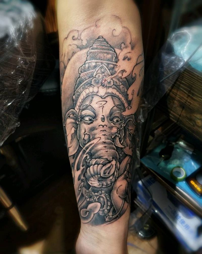 象神纹身图片_手臂传统鬼神成品纹身图案