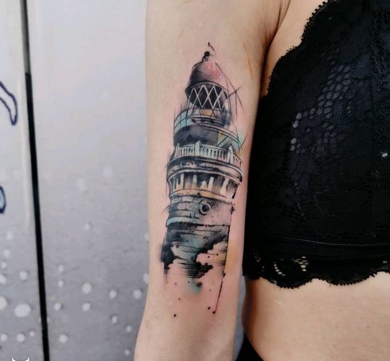 水墨灯塔纹身图片_手臂水彩纹身图案
