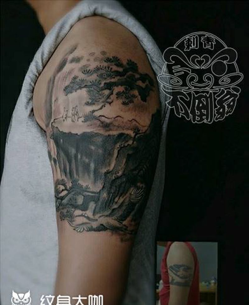 水墨山水遮盖纹身图片_水墨纹身图案