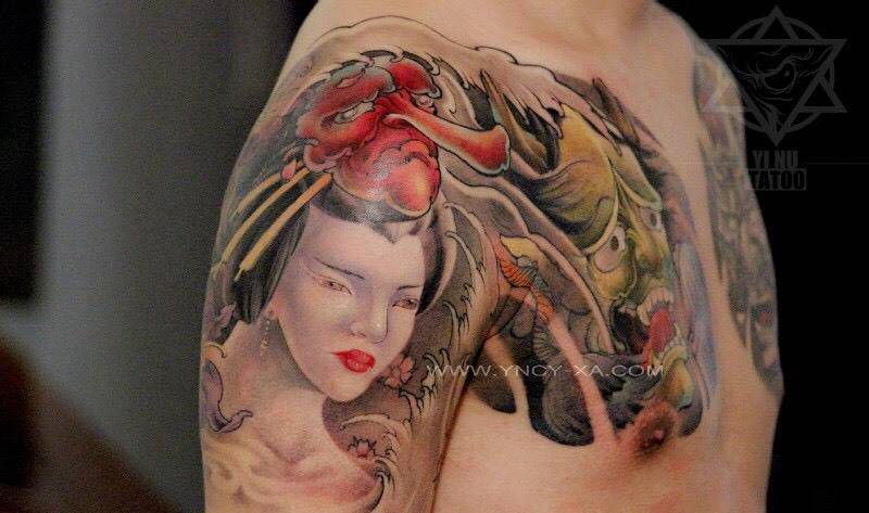 原创艺妓半胛纹身图片_成品手臂胸部传统原创艺奴刺域人物纹身图案