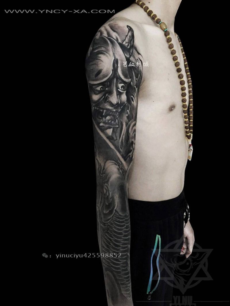 原创般若鱼花臂纹身图片_成品手臂传统原创艺奴刺域动物鬼神纹身图案