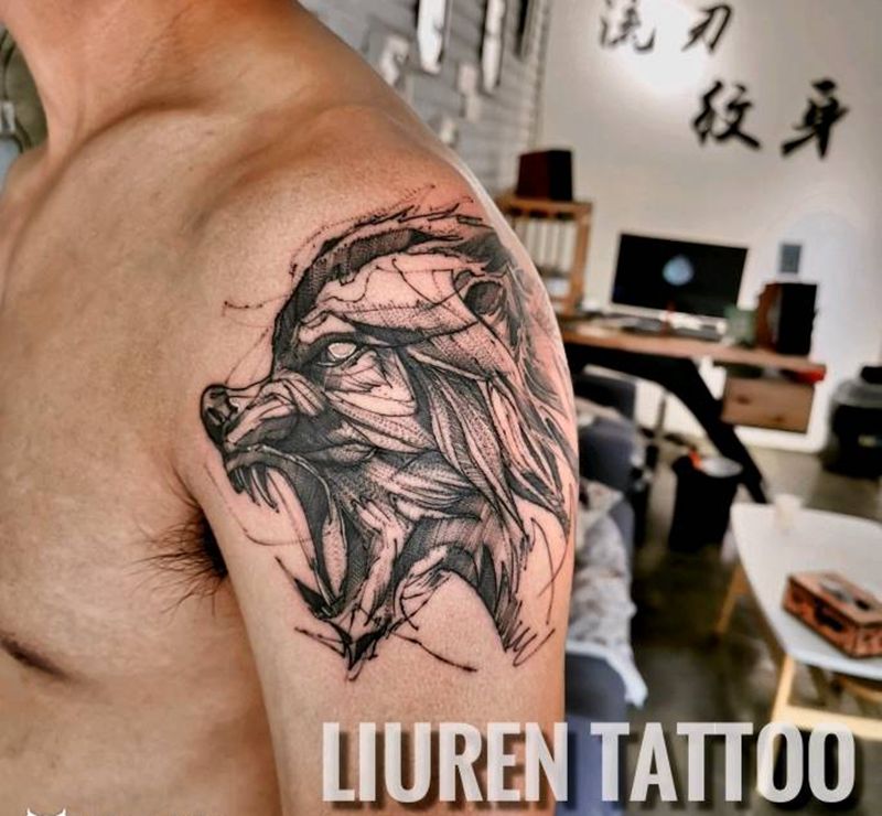 狼头纹身图片_点刺纹身图案