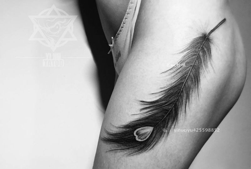 原创孔雀羽毛纹身图片_成品臀部清新原创艺奴刺域纹身图案