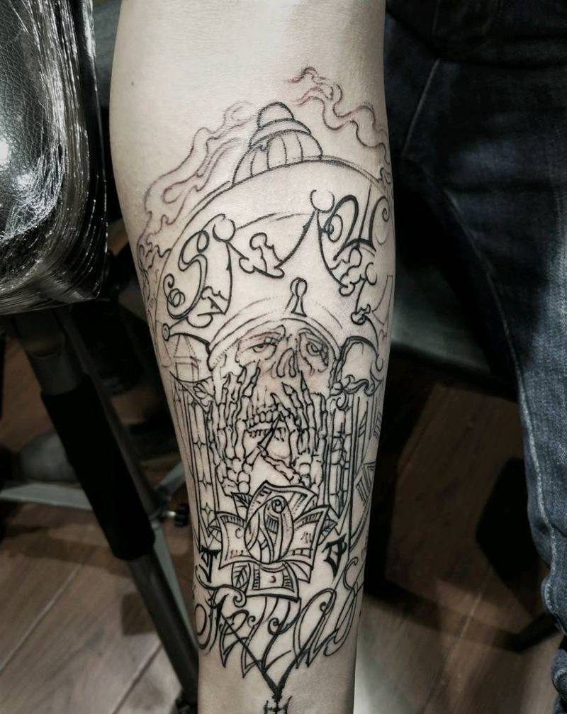 骷髅国王伤疤遮盖纹身图片_手臂成品纹身图案