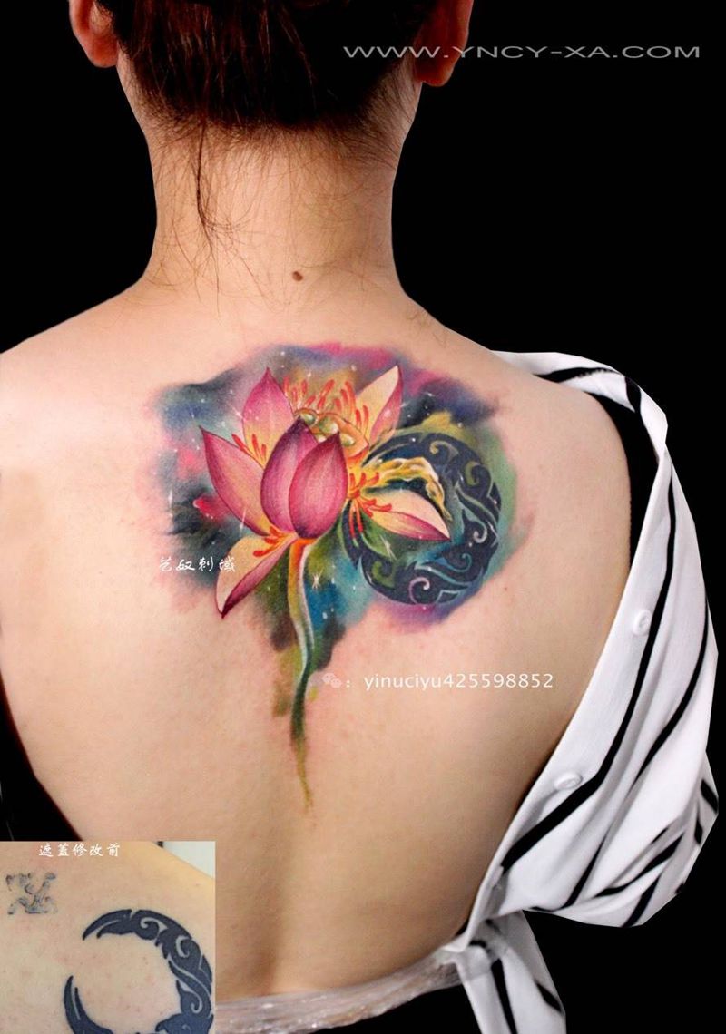 原创设计莲花遮盖修改纹身图片_成品背部艺奴刺域纹身图案