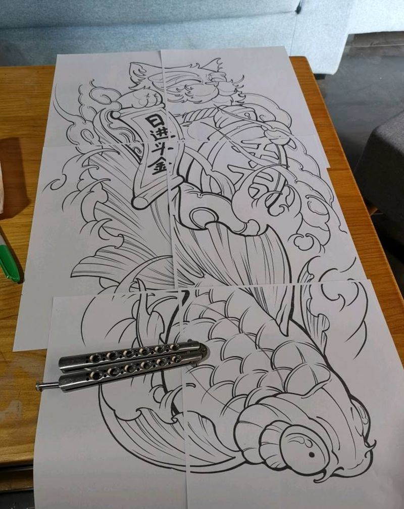 招财猫（未完成）纹身图片_腿部新传统招财猫金鱼纹身图案