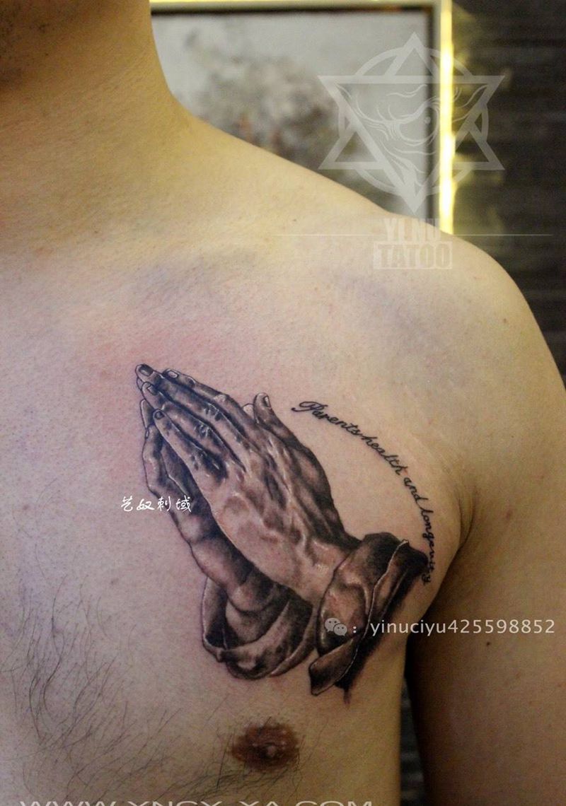 祈祷纹身图片_成品胸部写实艺奴刺域纹身图案