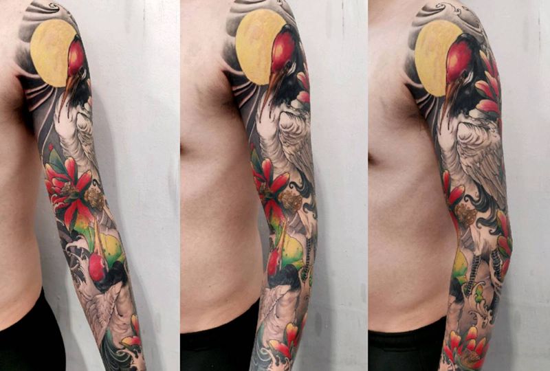 仙鹤花臂纹身图片_手臂新传统纹身图案