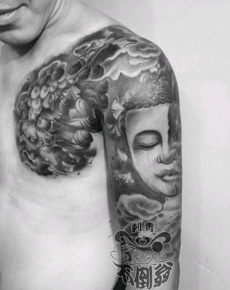 半原创佛魔半甲纹身图片_胸部手臂传统原创成品纹身图案
