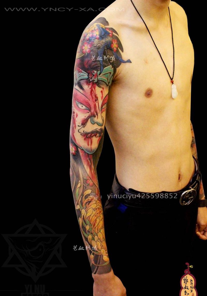 原创日式人物花臂纹身图片_成品手臂传统人物原创艺奴刺域纹身图案