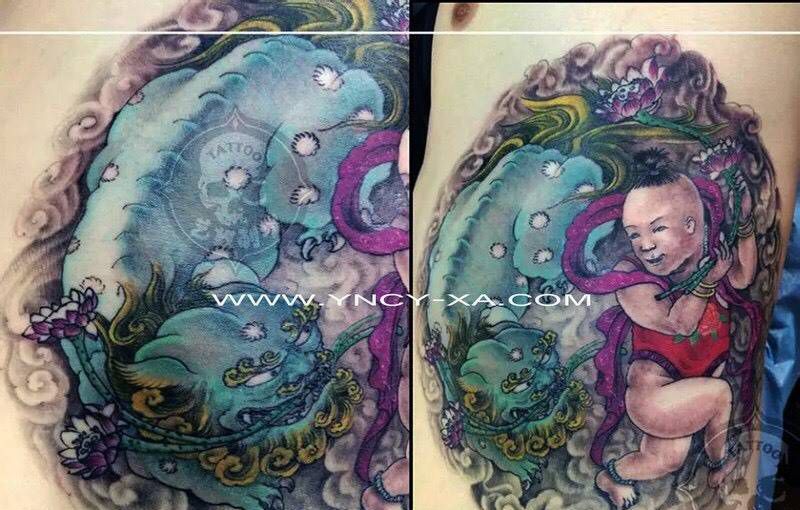 原创童子唐狮纹身图片_成品腰部传统人物纹身图案