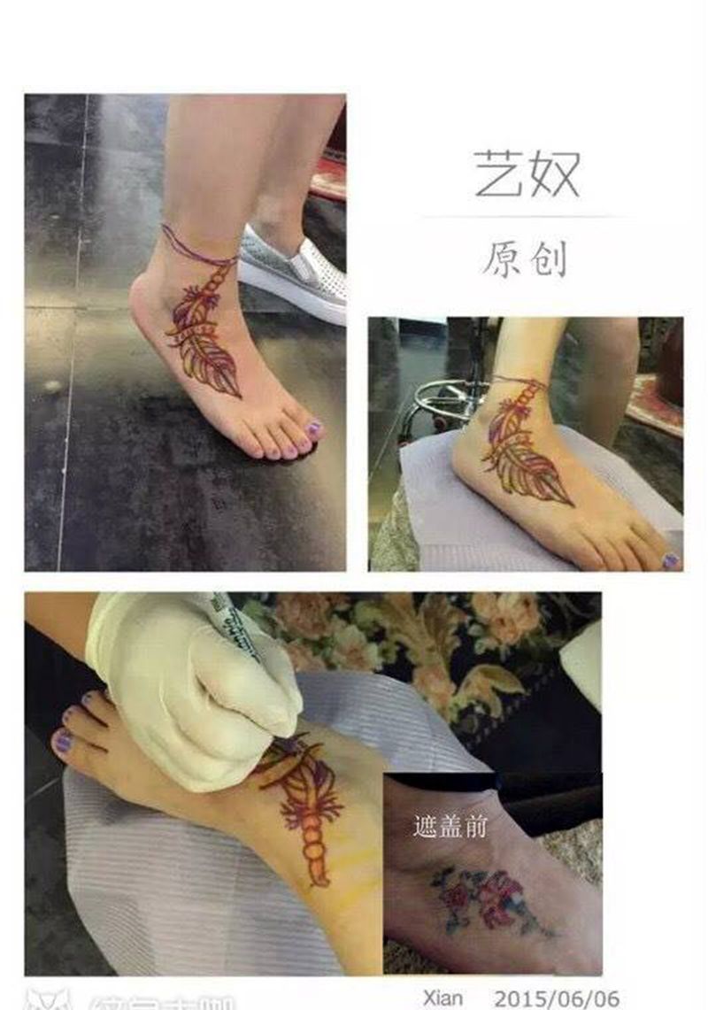 羽毛遮盖纹身图片_成品脚部艺奴刺域纹身图案
