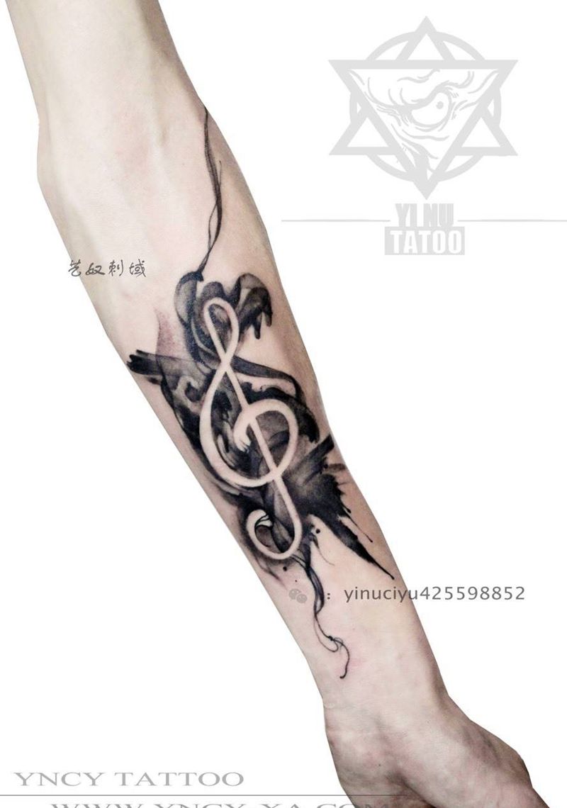 原创国风高音符号纹身图片_成品手臂原创国画艺奴刺域纹身图案