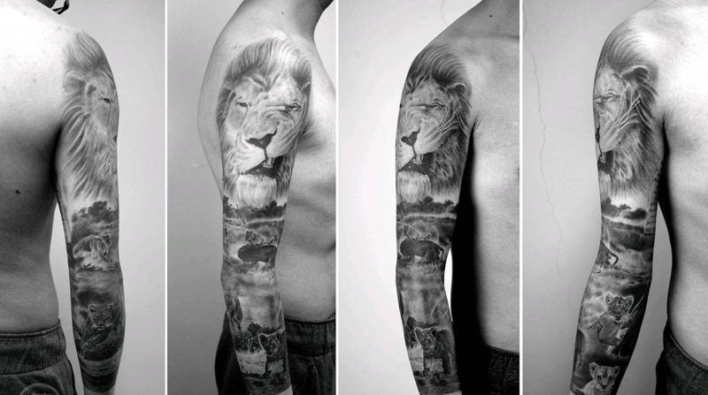 一只狮子的成长历程纹身图片_手臂欧美写实纹身图案
