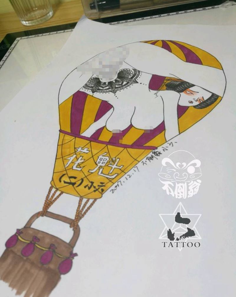 花魁（二）六子原创纹身图片_欧美传统清新人物大理六刺青不倒翁北京手稿纹身图案