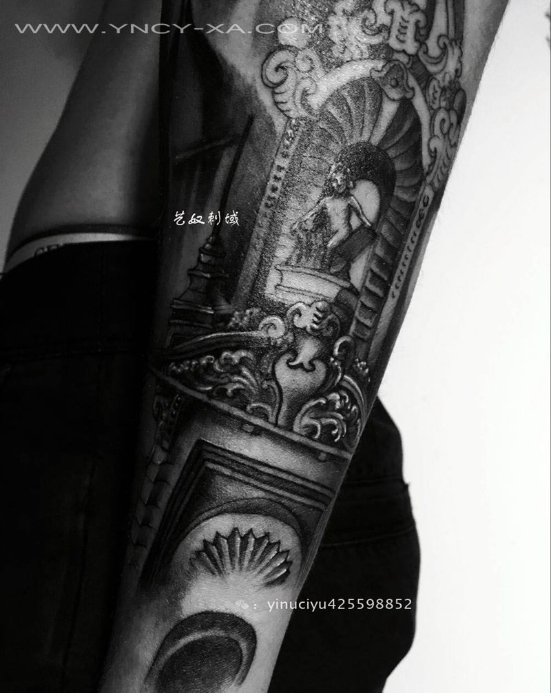 和尚老师原创花臂未完纹身图片_成品手臂欧美原创艺奴刺域纹身图案