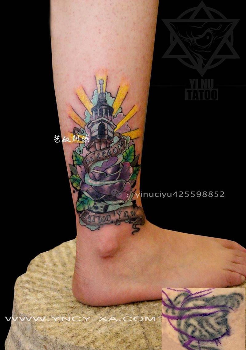 灯塔遮盖失败纹身纹身图片_成品腿部欧美艺奴刺域纹身图案