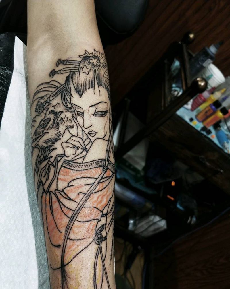 艺姬纹身图片_手臂欧美人物成品纹身图案