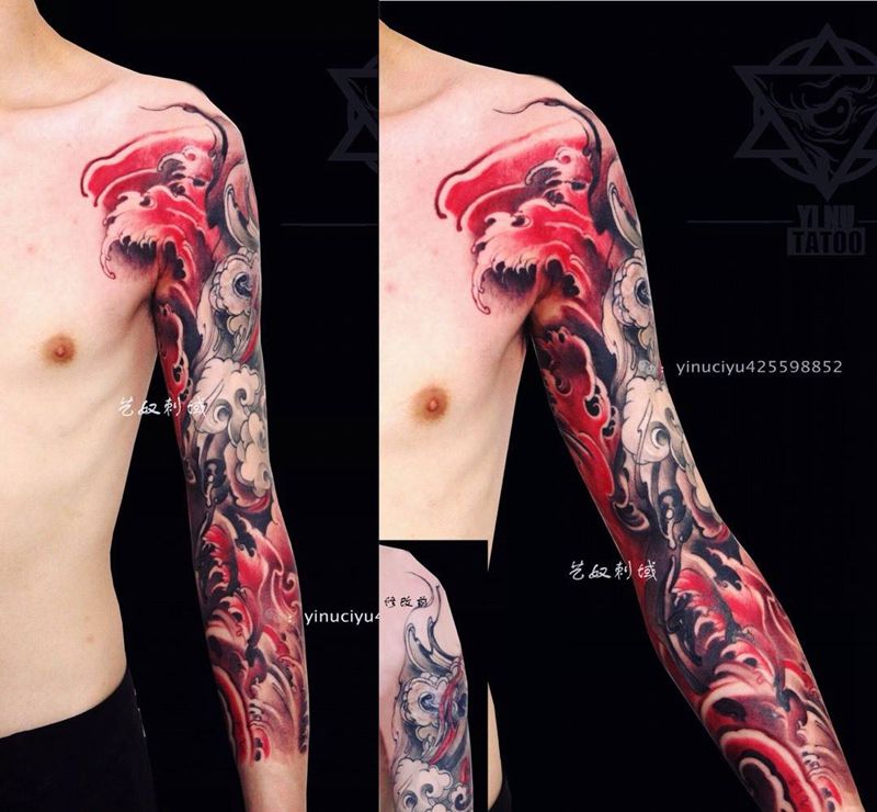 原创修改添加—红浪花臂纹身图片_成品手臂传统原创艺奴刺域纹身图案