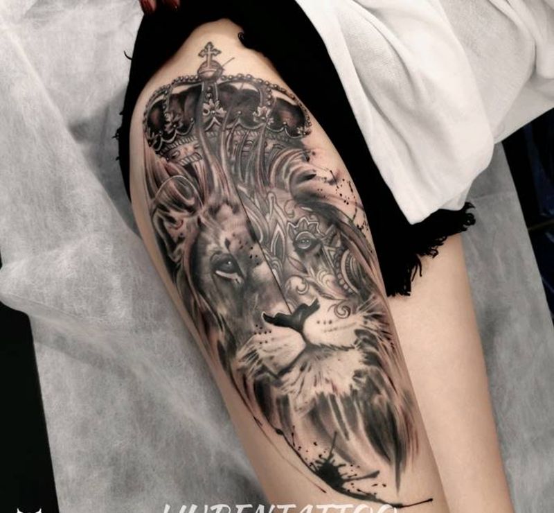狮子纹身图片_欧美写实几何纹身图案