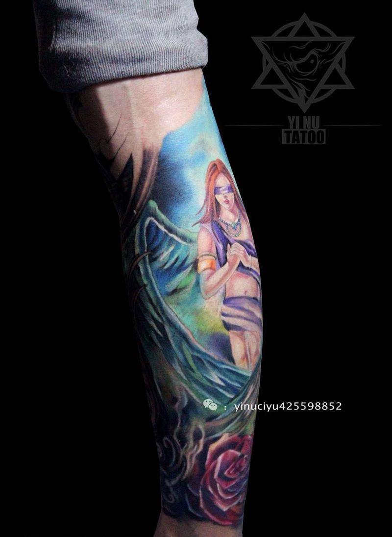 和尚老师原创天使纹身图片_成品腿部欧美人物艺奴刺域原创纹身图案