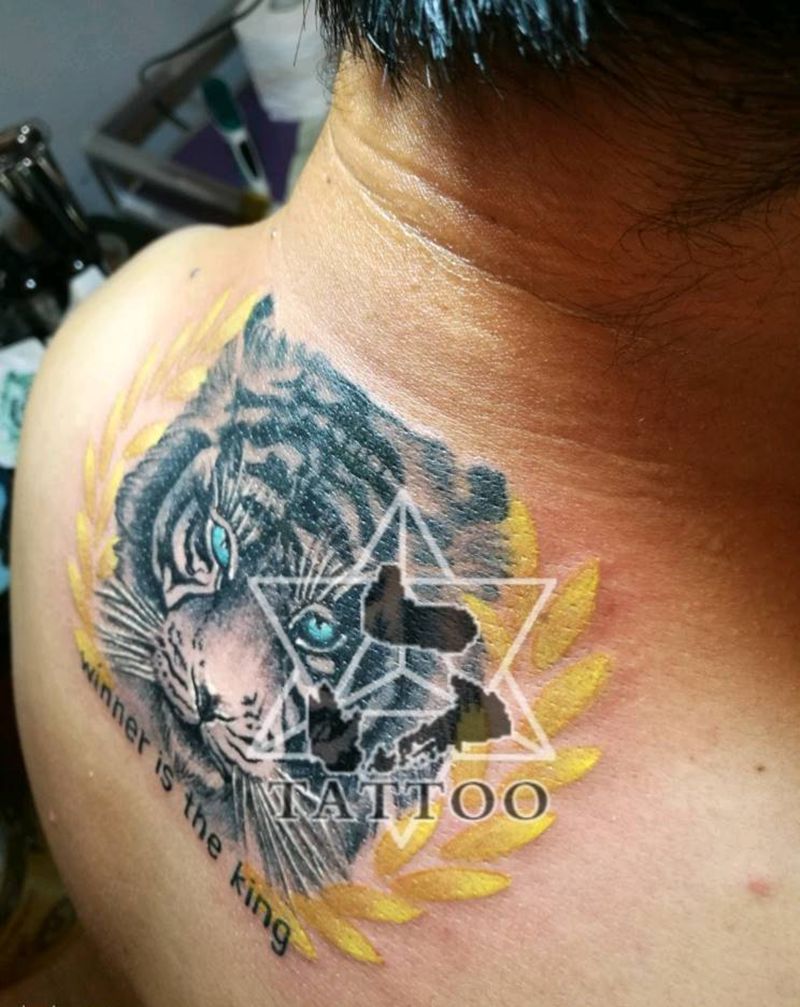 虎纹身图片_颈部欧美大理六刺青成品纹身图案