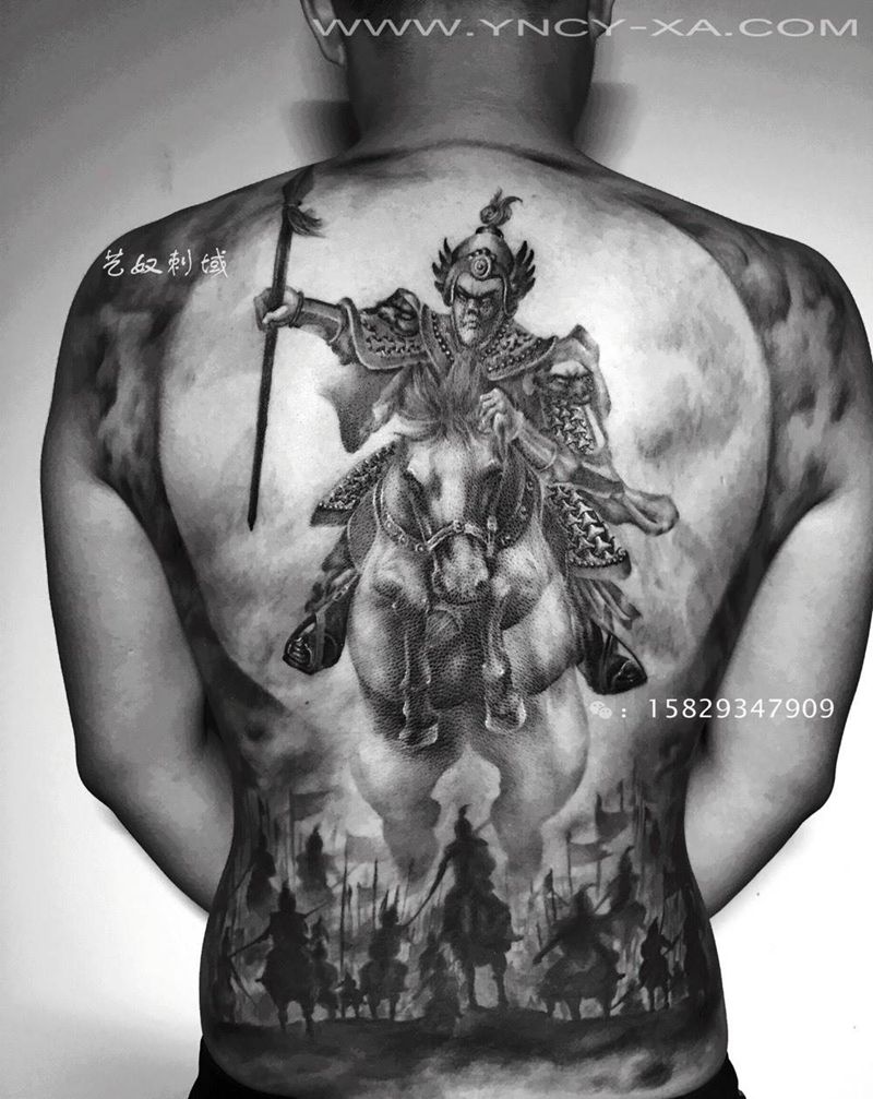 赵云满背纹身图片_成品背部传统人物原创艺奴刺域纹身图案