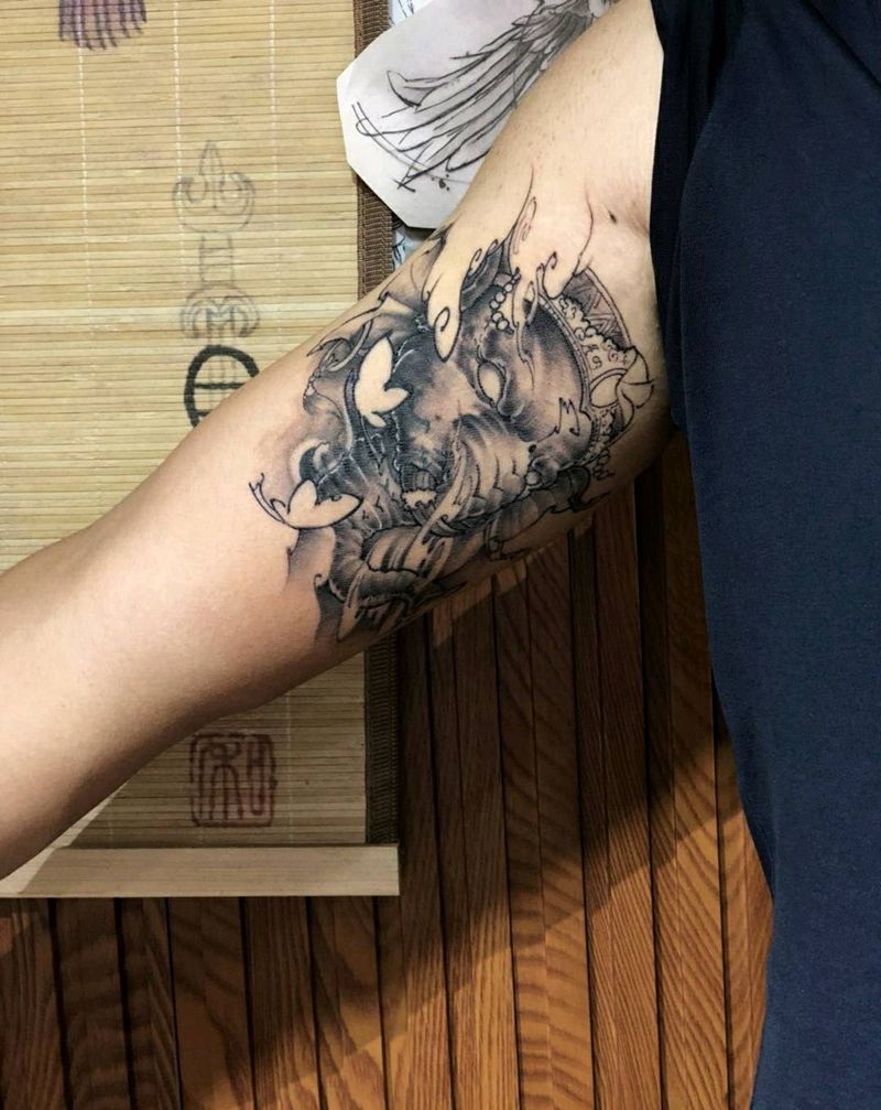 象神遮盖纹身图片_鬼神成品纹身图案