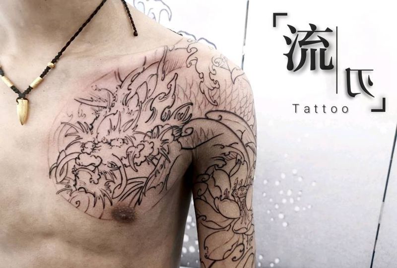鳌鱼半甲勾线纹身图片_胸部手臂新传统纹身图案