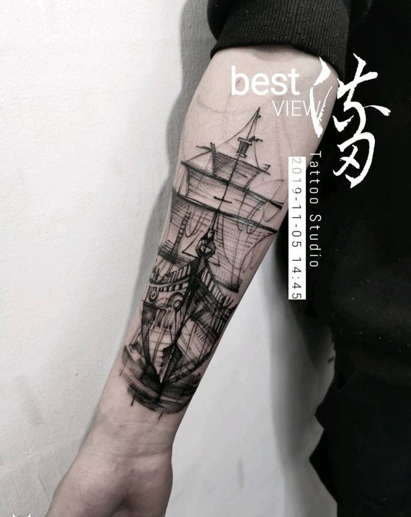 帆船纹身图片_点刺纹身图案