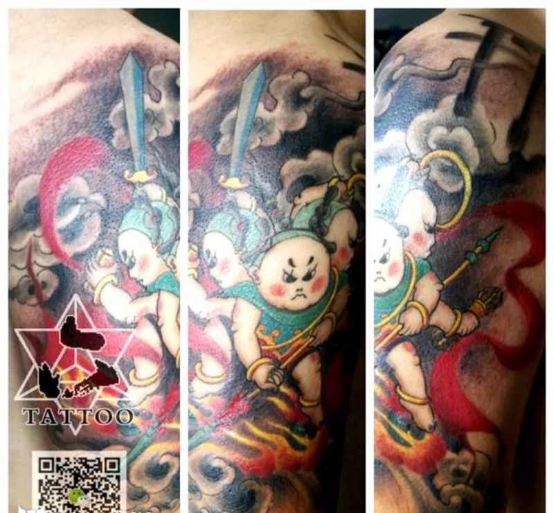 原创哪吒纹身图片_传统人物大理六刺青成品纹身图案