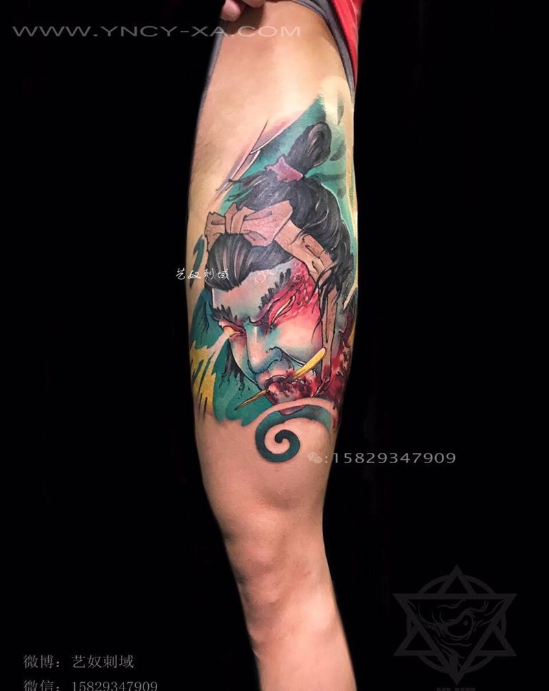 和尚老师原创大腿[色]这季节了，你还没花[坏笑][坏笑]纹身图片_成品腿部传统原创艺奴刺域人物纹身图案