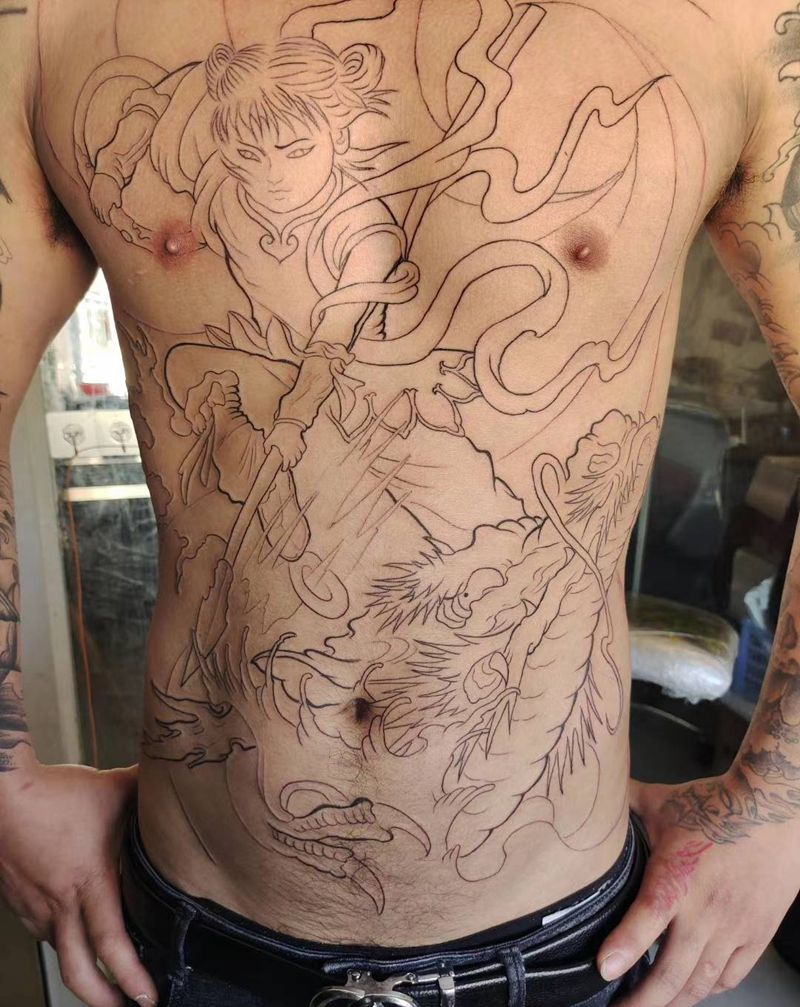 哪吒纹身图片_腹部胸部新传统纹身图案