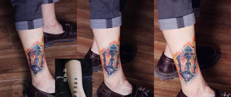 原创烛灯遮盖纹身图片_成品腿部欧美纹身图案