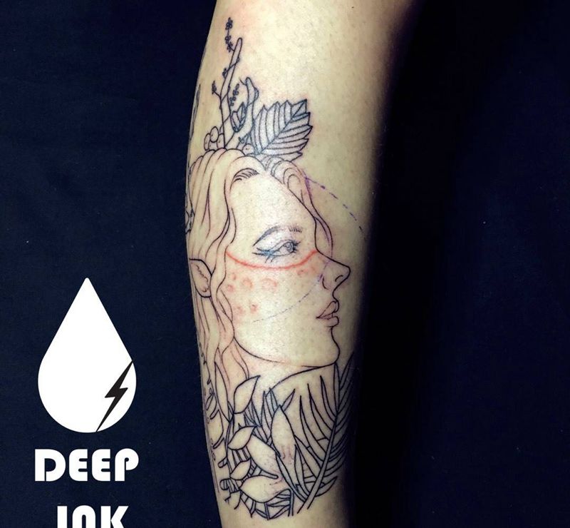 森林女神纹身图片_腿部肖像清新人物植物原创纹身图案